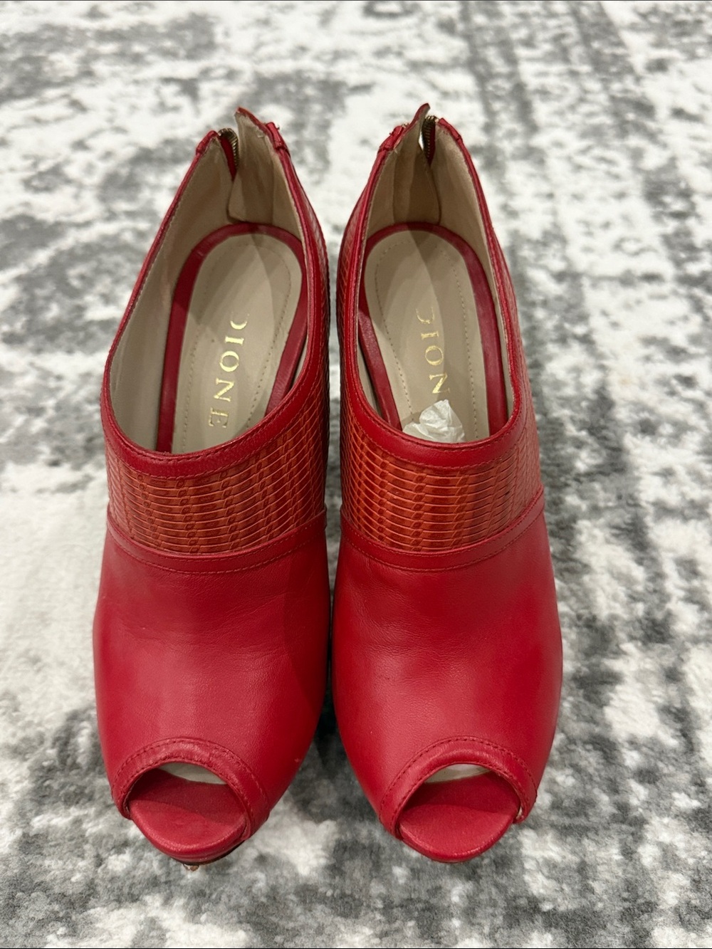 Red Peep-Toe Leather Mules with Textured Collar